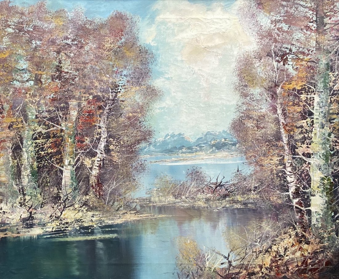 American Impressionist Glacier Lake Landscape: Oil on canvas 24 x 20 in., 32 x 28 in. (framed)
