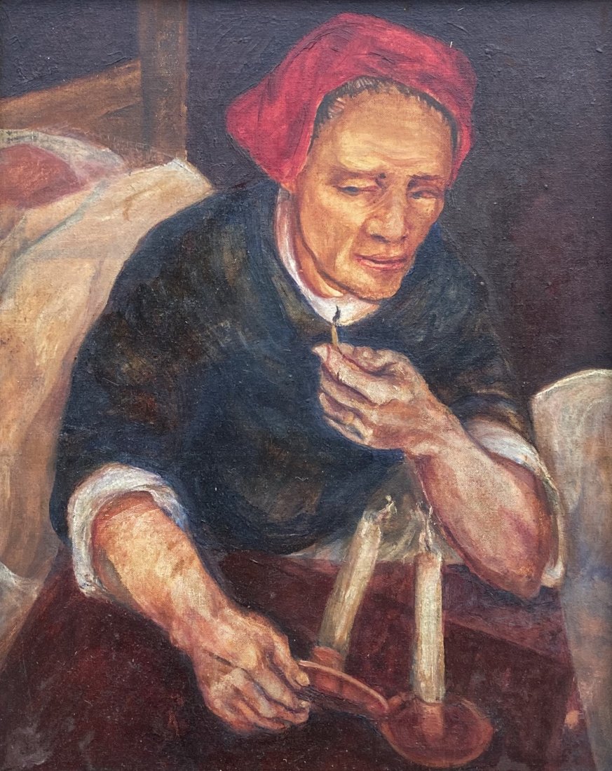 Early 20th c Portrait Of A Dutch Man Lighting Candles: Oil on board 20 x 16 in., 24 x 20 in. (framed)