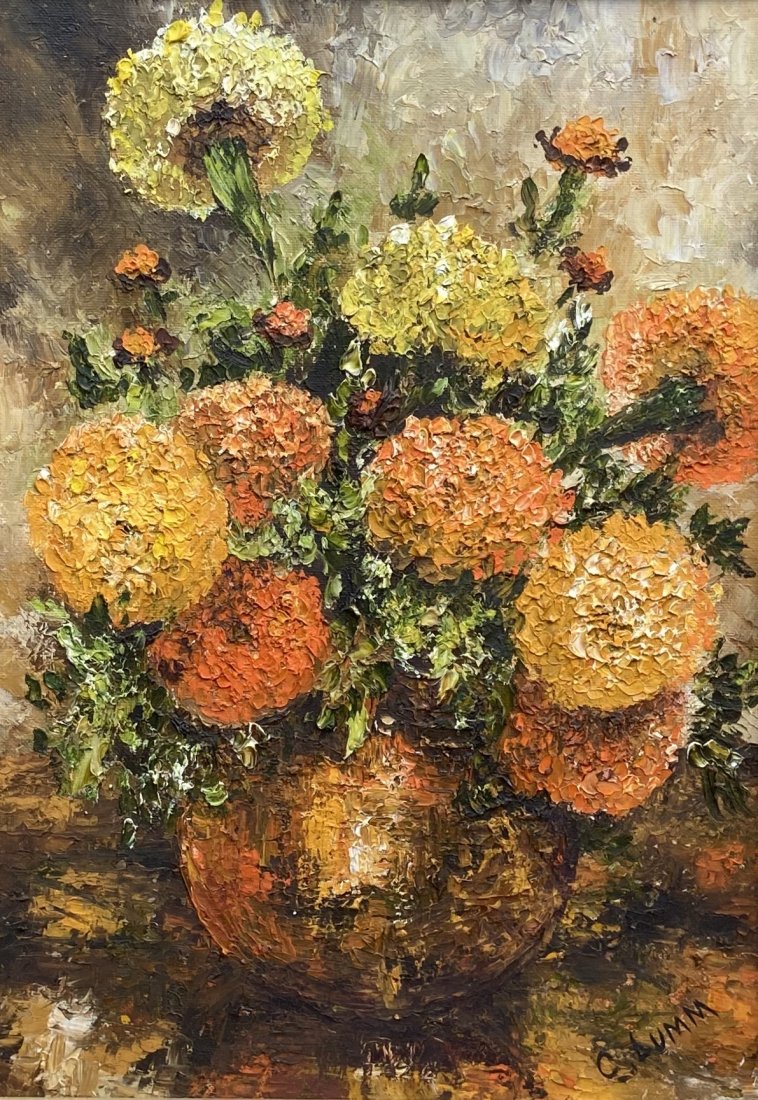 American Impressionist Floral Painting Of Mums, Signed: Oil on board 14 x 10 in., 17 x 13 in. (framed)