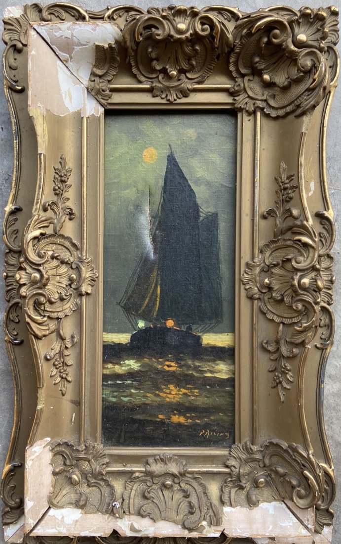 19th Century Marine Seascape Night Scene, Signed: Oil on canvas 14 x 16 in., 13 x 21 in. (framed)