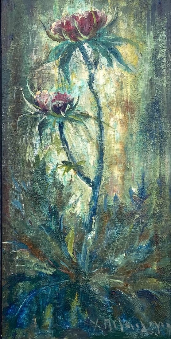 Early 20th c Greek Impressionist Floral, Signed: Oil on panel 16 x 8 1/2 in., 23 x 15 1/4 in. (framed). Athens gallery tag on the back.