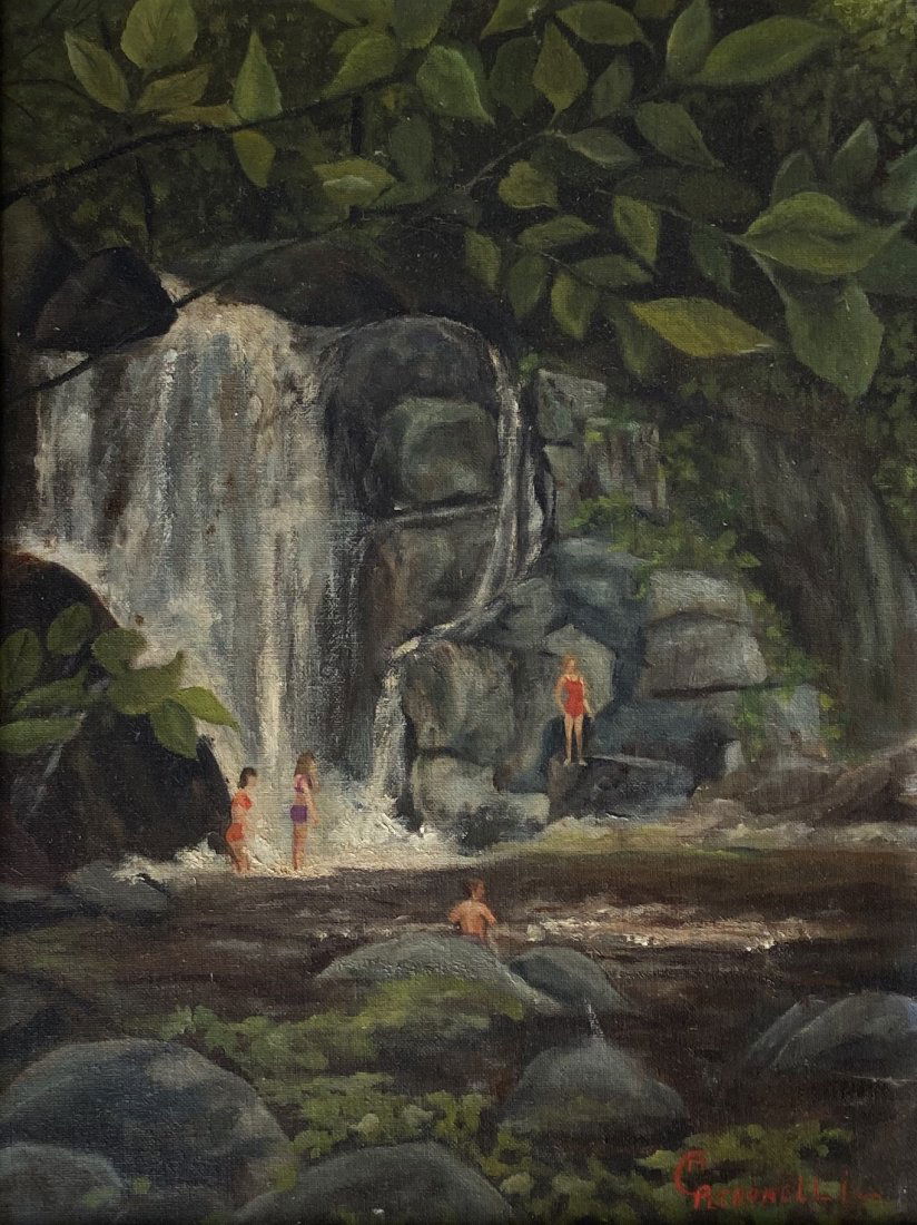 American Impressionist Bathers By Waterfall, Signed (1 of 4)