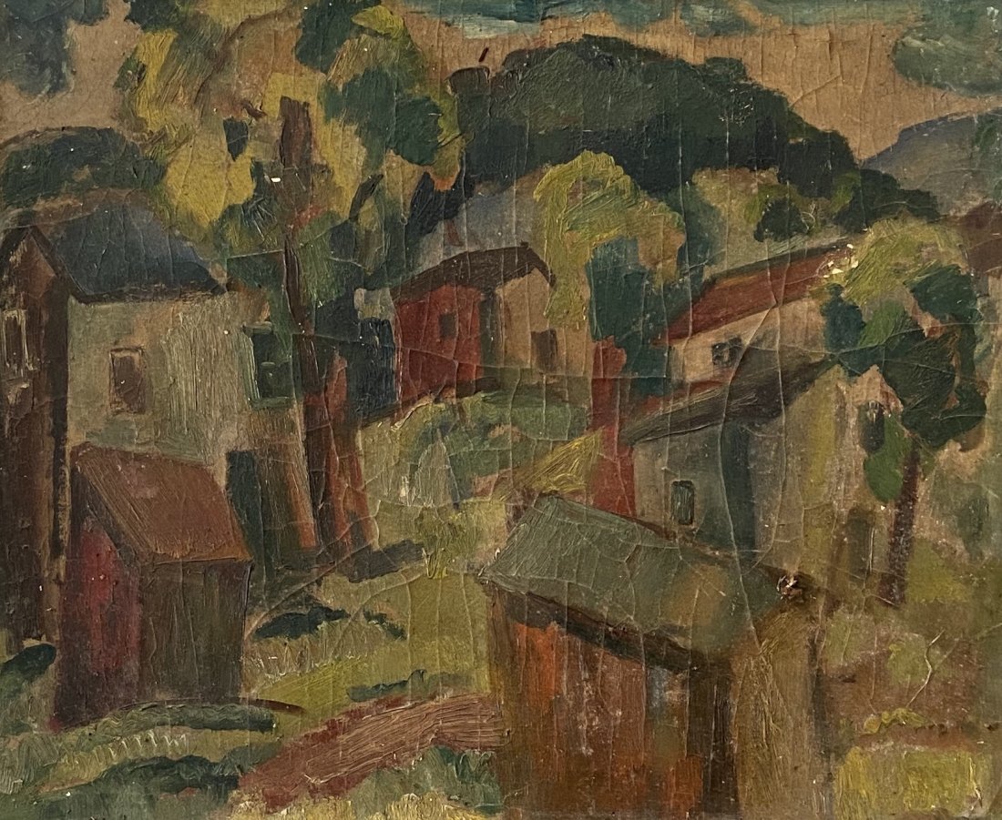Pennsylvania Modernist Landscape, Unsigned: Possibly WPA. Oil on board 18 x 15 in., 20 x 16 1/2 in. (framed).