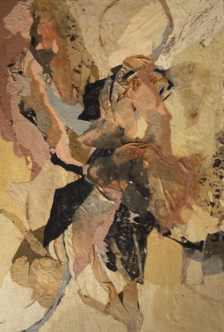CAROLE MOSKOWITZ (20th c, American) Abstract: Mixed media collage on masonite. 24 x 16 in.