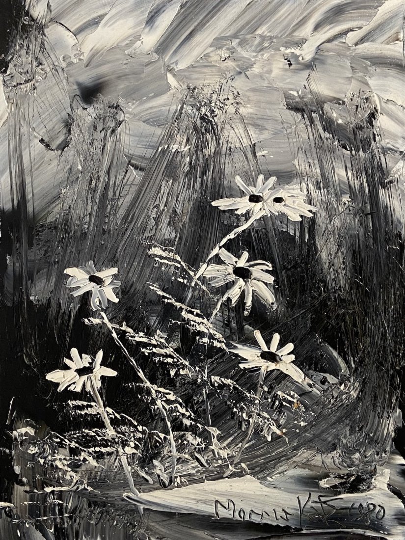 MORRIS KATZ (1931-2010, New York) Floral: Oil on board 24 x 18 in. Morris Katz (born Moshe Katz on March 5, 1932 in Galicia, Poland, died November 12, 2010 at age 78 in The Bronx, New York) was a Jewish-American painter. He holds two Guinness