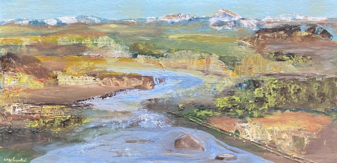 INGE FRANKEL (1921-2008, California) Holocaust Survivor: Oil on board 15 x 30 in.Inge was born in Breslau, Germany and raised in Danzig. She is a survivor of the Holocaust, having come to America with her extended family after experiencing countless difficu