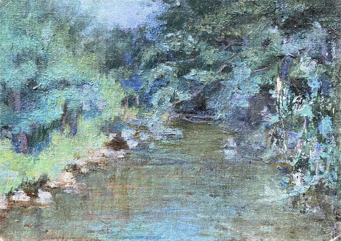 American Impressionist Stream Landscape, Unsigned: Oil on canvas on board 10 1/4 x 7 1/2 in.