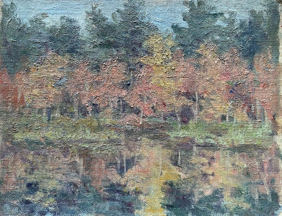 American Impressionist Fall Landscape, Unsigned: Oil on board 10 1/4 x 7 1/2 in.