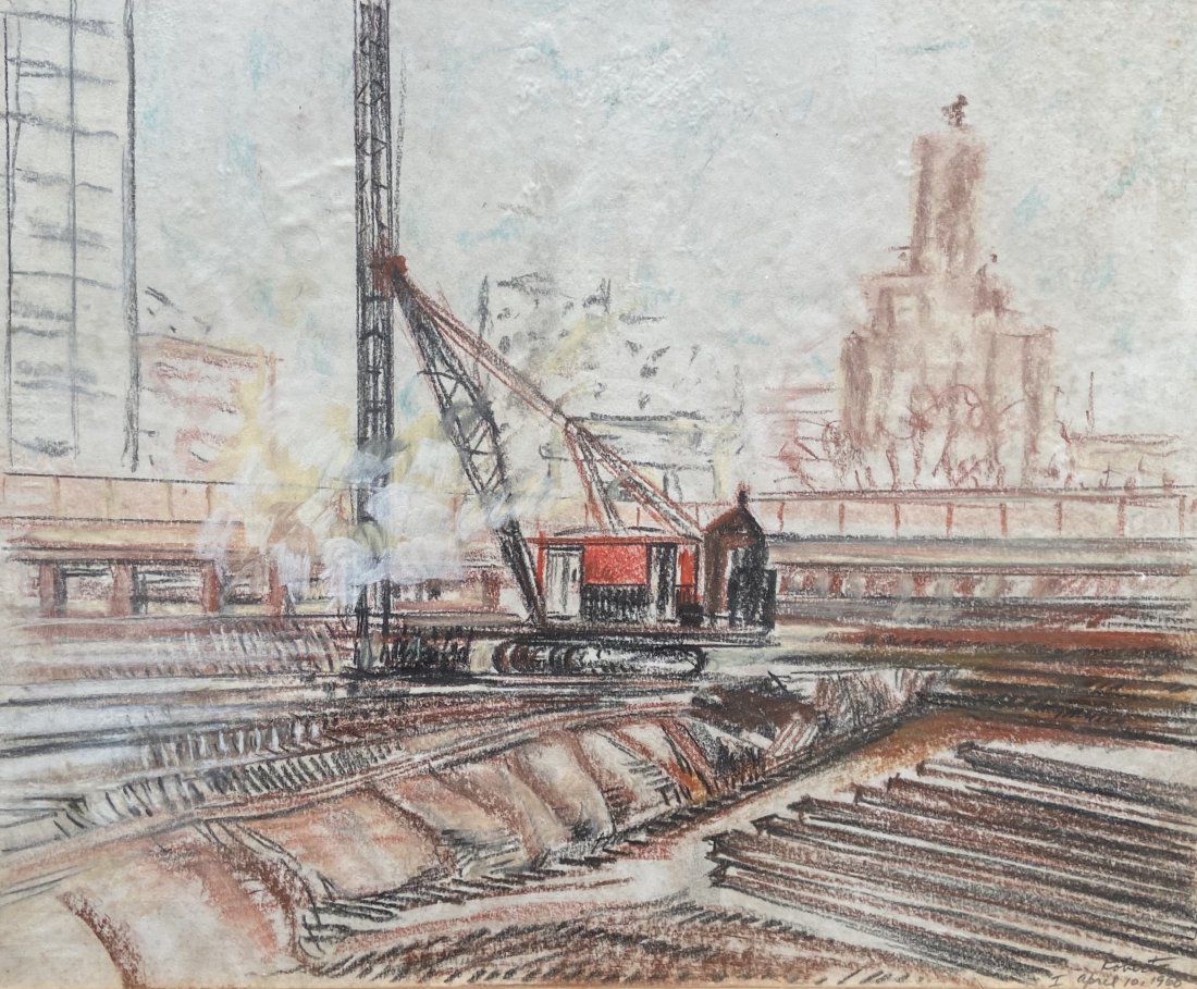 JOSEPH ROBERTO, Washington Square Construction 1968: Exhibited New York City. Pastel on paper 17 x 14 in., 20 1/2 x 18 1/2 in.