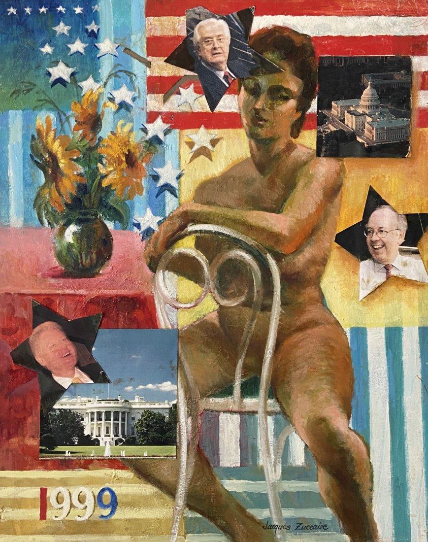 JACQUES ZUCCAIRE (1909-2006, New York) Nude, Political: Bill Clinton 1999 collage and oil. 24 x 30 in. This following biography was researched, compiled, and written by Geoffrey K. Fleming, Director, Southold Historical Society, Southold, NY, with the aid 