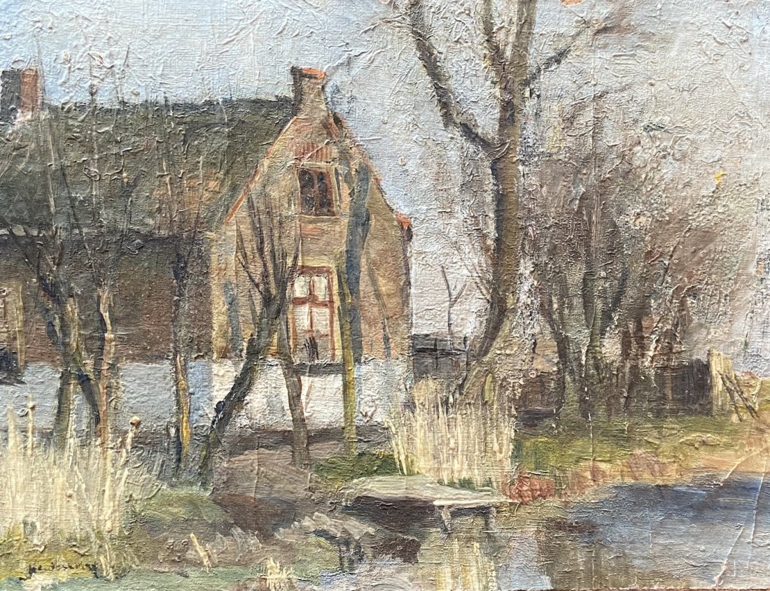 American Impressionist Landscape, Illegible Signature: Oil on canvas 6 1/4 x 8 in.