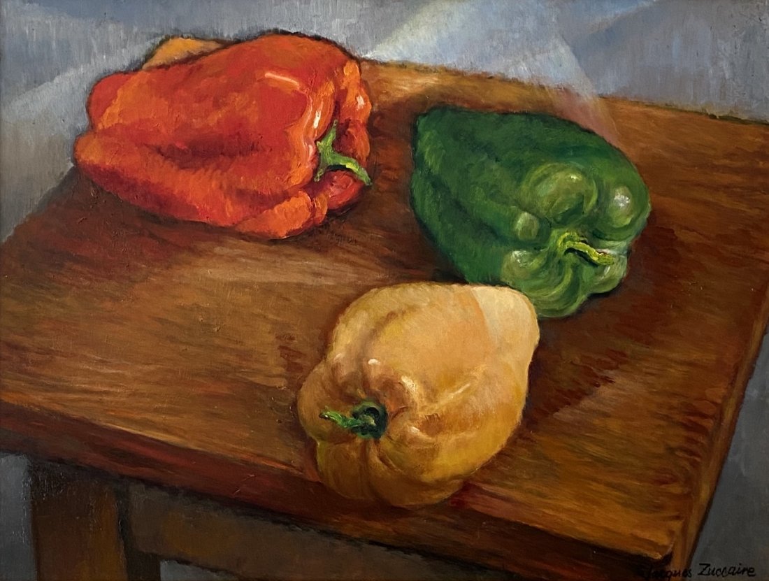 JACQUES ZUCCAIRE (1909-2006, New York) Peppers: Still life. Oil on canvas 18 x 24 in., 24 x 30 in. (framed). This following biography was researched, compiled, and written by Geoffrey K. Fleming, Director, Southold Historical Society, Southold, NY,
