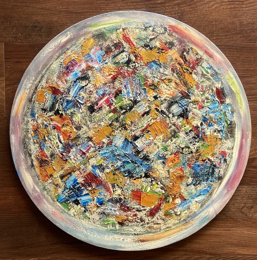 GAY NAROFF (1943-2012, New York) Abstract: Oil on canvas 20 in diameter. Gay Naroff (American, 1943 - 2012) a true New York Expressionist. Born December 10, 1943 in Bronx, NY, she was instantly born in the New York art scene by the age of 20 N