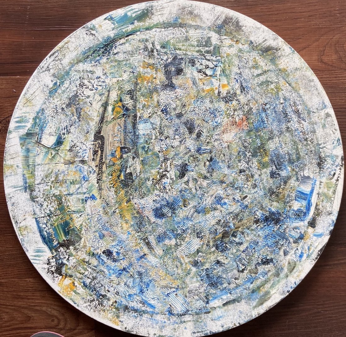 GAY NAROFF (1943-2012, New York) Abstract: Oil on canvas 20 in diameter. Gay Naroff (American, 1943 - 2012) a true New York Expressionist. Born December 10, 1943 in Bronx, NY, she was instantly born in the New York art scene by the age of 20 N