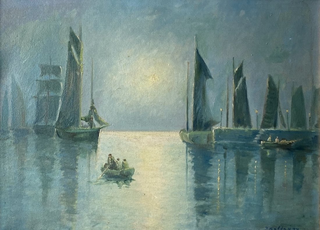 Tonalist European Boats In Harbor Scene, Signed: Oil on canvas 12 x 16 in., 17 x 21 in. (framed)