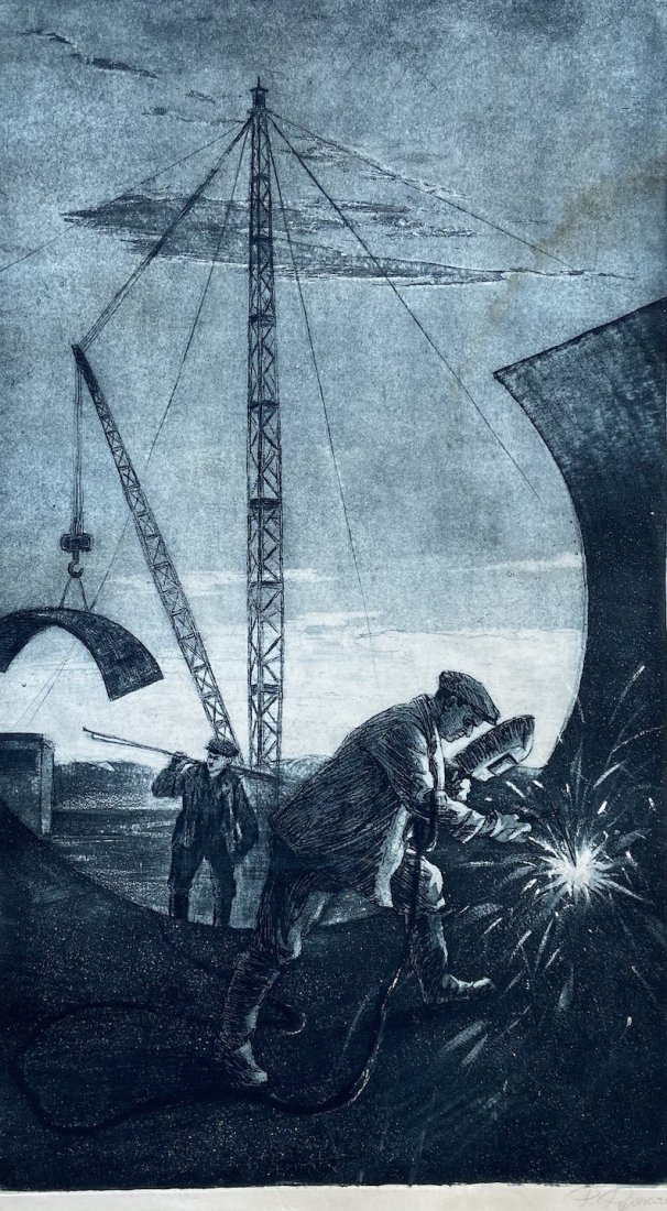 1950's Soviet USSR Socialist Realism Etching, Signed: Etching on paper 14 1/4 x 25 in. (plate), 18 3/4 x 28 in. (paper).
