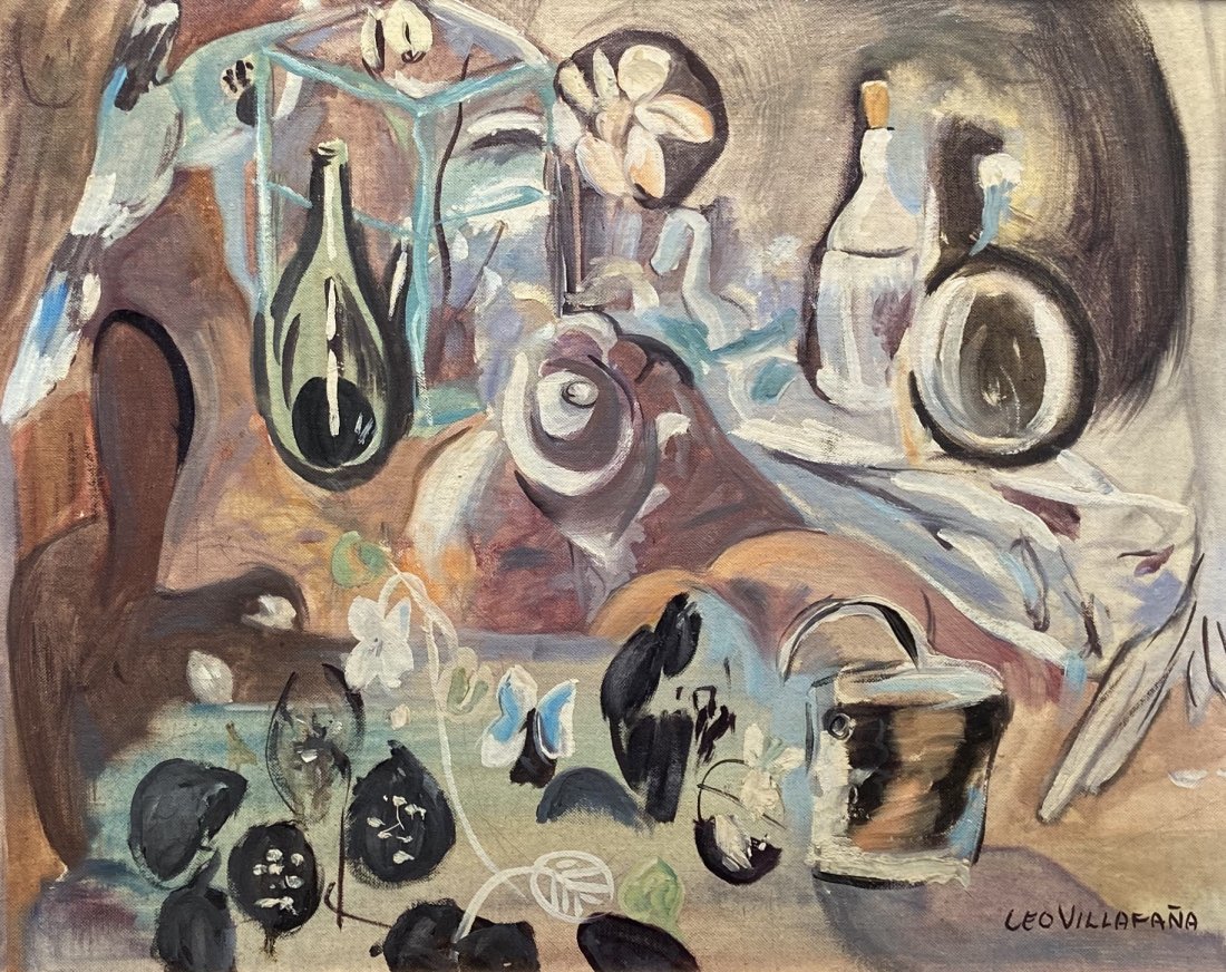LEO VILLAFANA (20th c, American) Mod Still Life: Oil on board 16 x 20 in., 20 1/2 x 24 1/2 in. (framed)