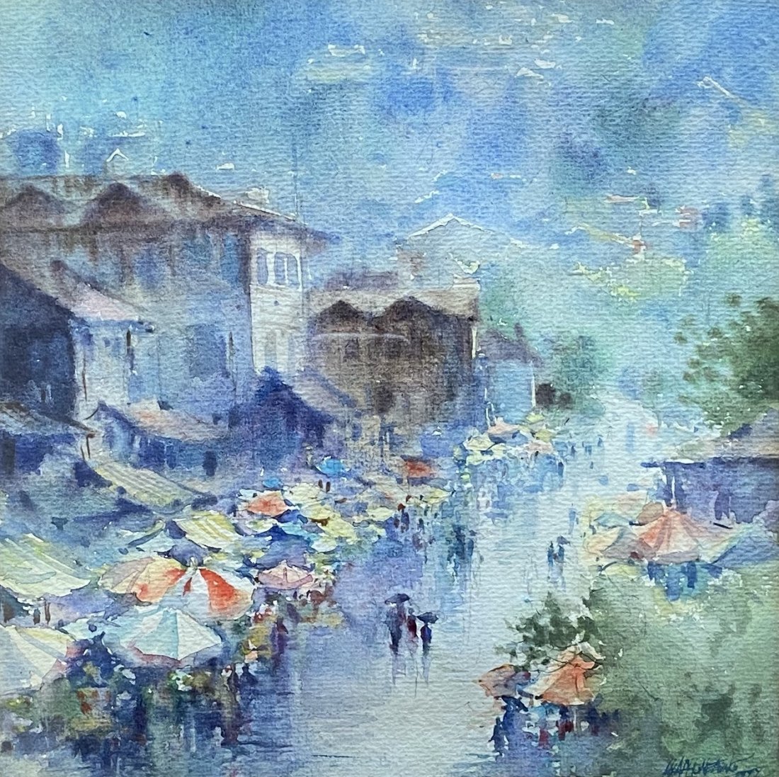 HLA PHONE AUNG (b. 1966, Myanmar): Watercolor on psper 11 1/2 x 11 1/2 in. (sight), 18 1/2 x 18 1/2 in. (framed). Hla Phone Aung was born in Sin Phyu Kyun, in 1966. He studied under several master artists, including U Lun Gywe and U Ky