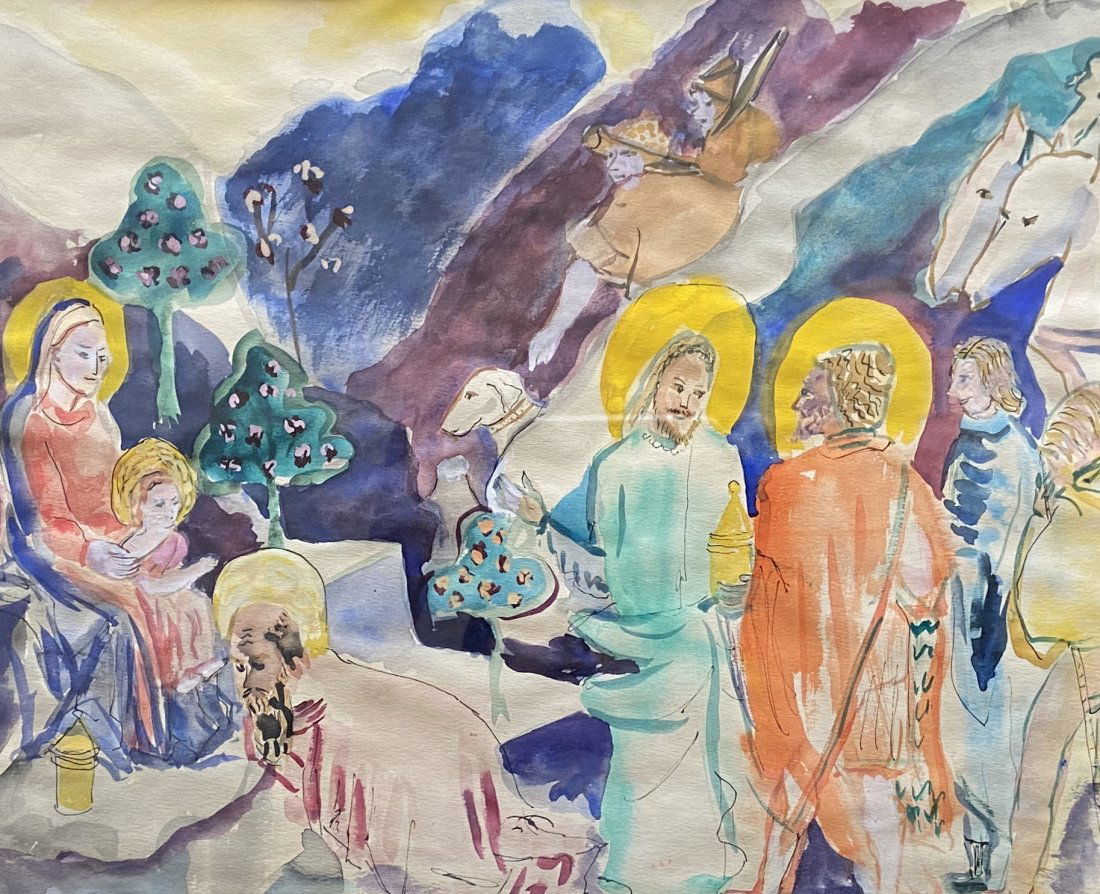 Modernist Nativity Scene, Jesus Mary Joseph, Watercolor (1 of 4)
