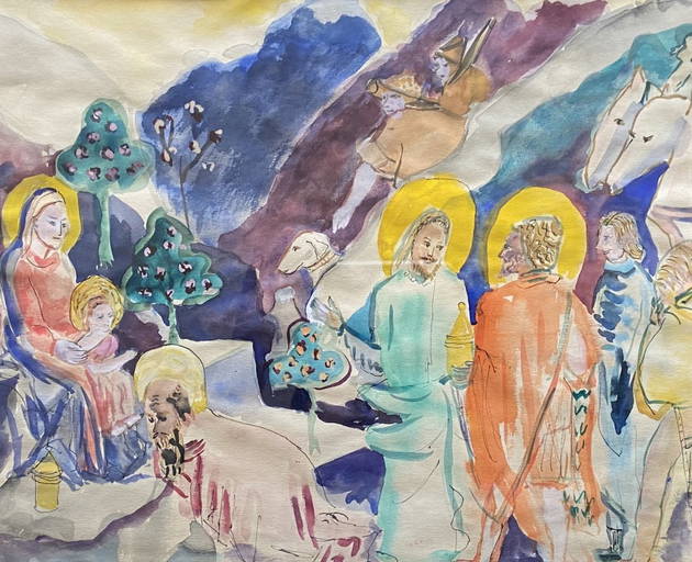 Modernist Nativity Scene, Jesus Mary Joseph, Watercolor