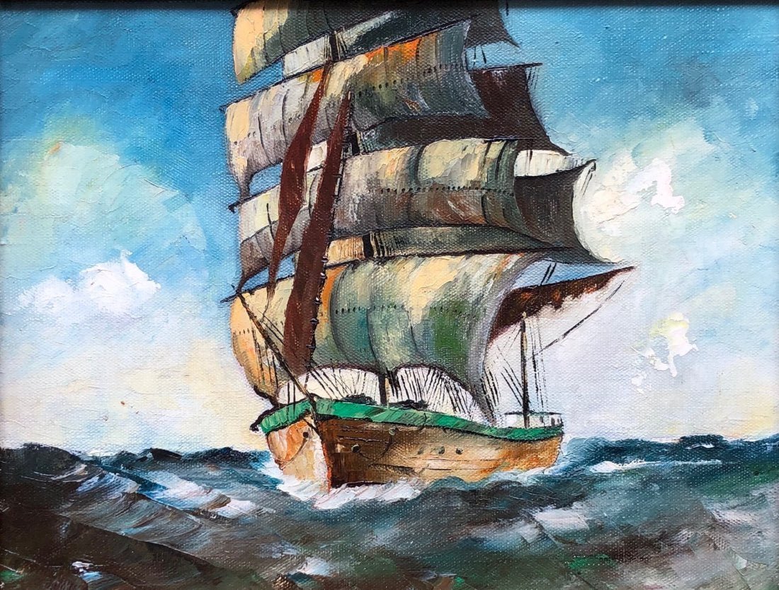JULES MESSIAEN (1869-1957, Brussels) Seascape: Clipper ship. Oil on canvas 14 x 11 in., 17 x 14 in. (framed). Stamped verso