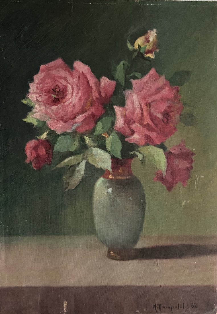 NIKOS PANAGIOTATOS (b. 1903, Greece) Still Life: Roses 1962. Oil on canvas. 19 3/4 x 14 in.