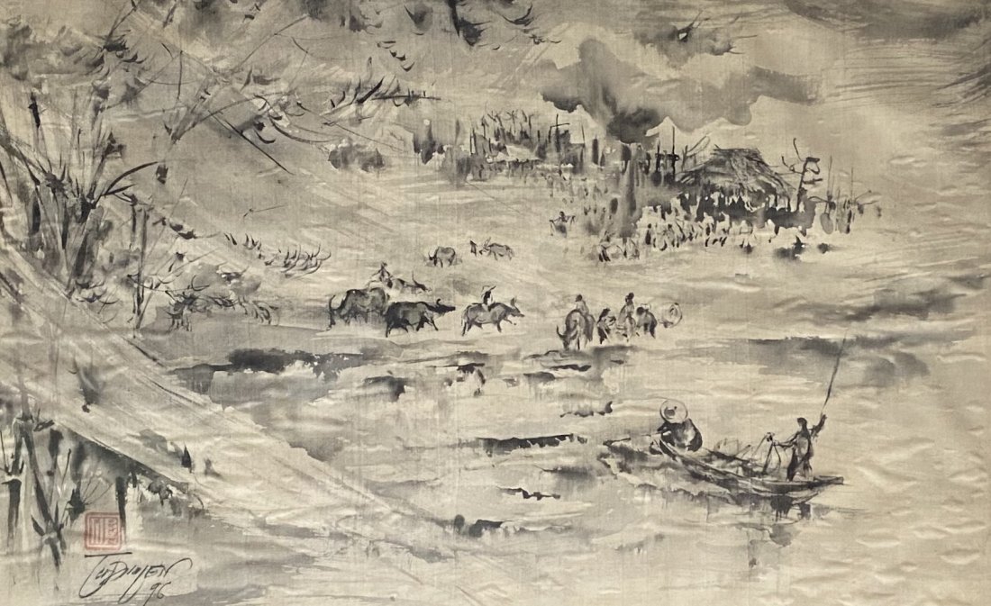 TU DUYEN (1915 - 2012, Vietnam) Modernist Watercolor: Watercolor on silk 19 1/4 x 31 in., 29 1/2 x 40 1/2 in. (framed).Tu Duyen was born in 1915 in the Vietnamese province of Bac Ninh. He started his artistic career in Nam Son's workshop (Nguyen Nam Son,