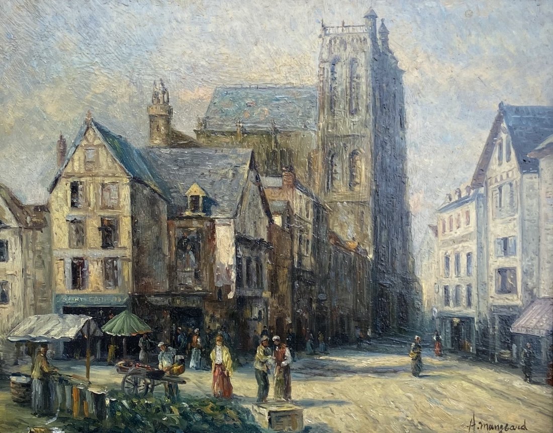 Decorative Impressionist European Street Scene, Signed: Oil on wood 8 x 10 in., 14 x 16 in. (framed)