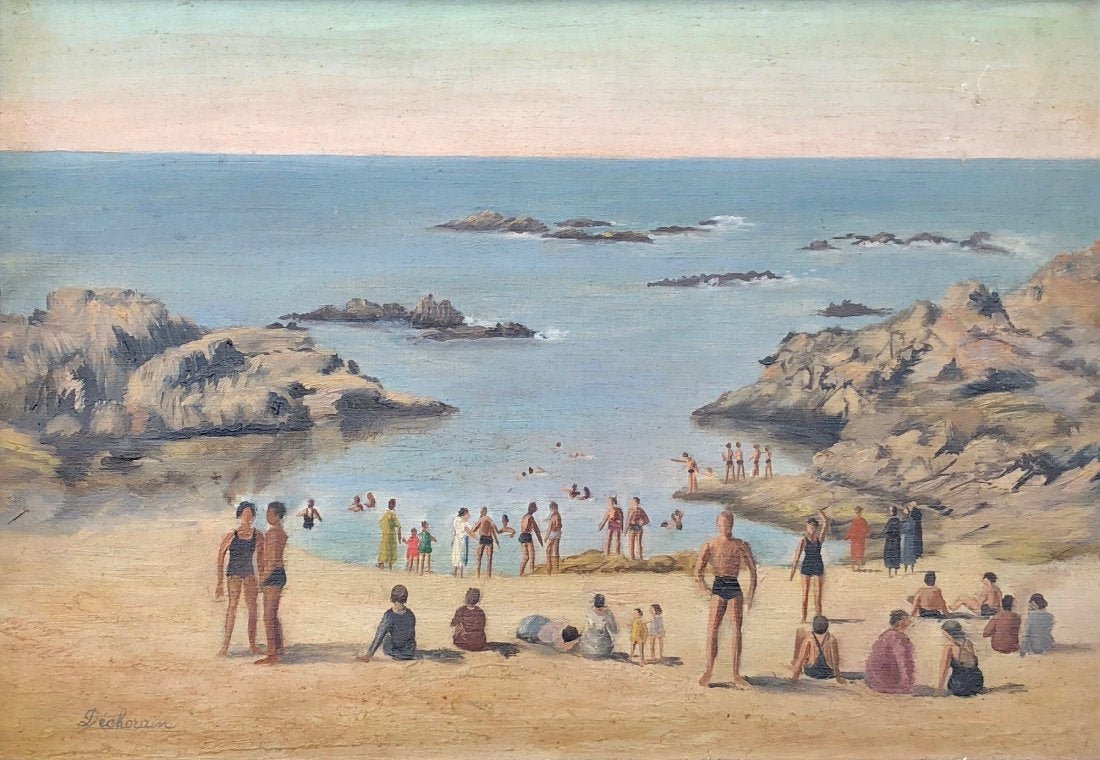 ROLANDE DECHORIAN (French, 20th C) La Guardia: La Guardia beach in Salobrena, Grenada, Spain. Oil on canvas. Impressionist beach scene. 27 3/4 x 21 in. (Framed), 22 x 15 in. (Canvas)
