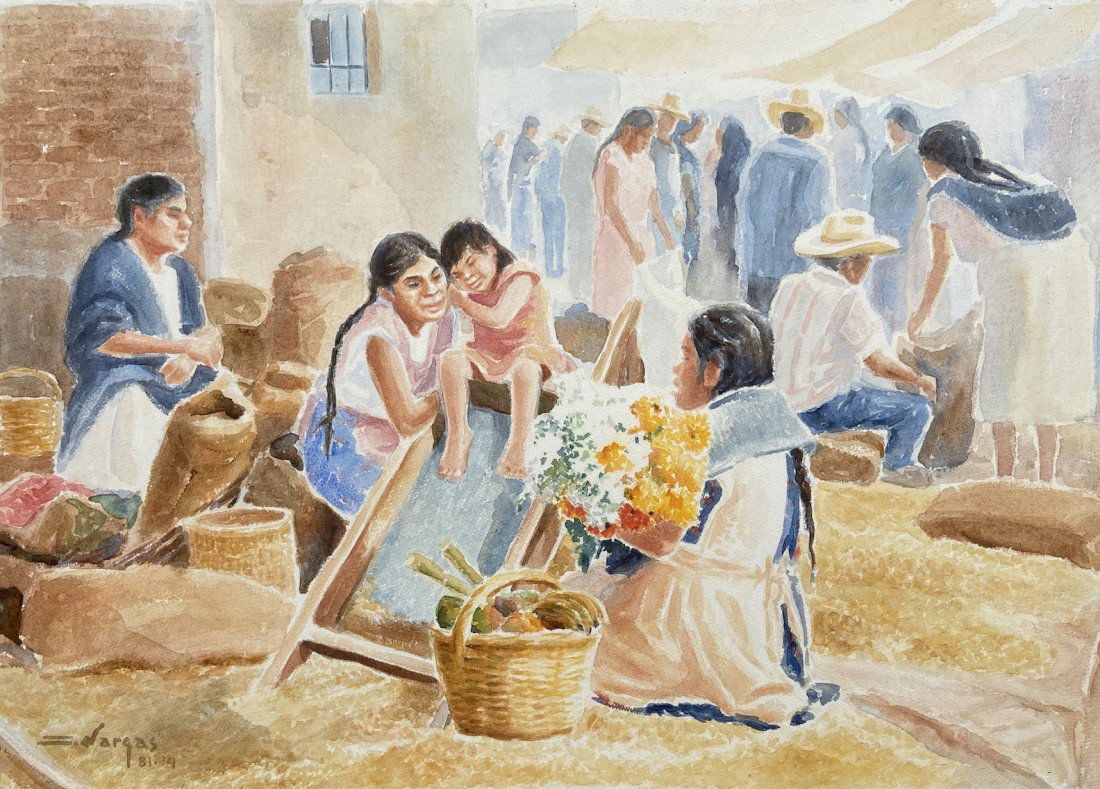 Mexican Village Scene Signed Vargas, Watercolor (1 of 4)