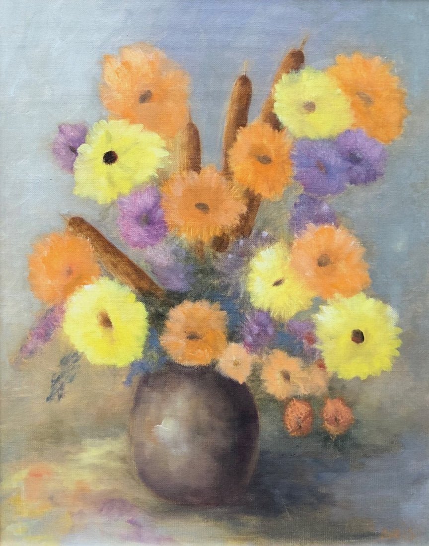MICHAIL (DORIS) PAPAGEORGIOU (1896-1987) Flowers: Still life of flowers. Oil on canvas board. 20 x 16 in. (board), 23 1/2 x 19 1/2 in. (framed). Born in Athens in 1896 and died in 1987. He studied painting at various Paris artists' workshops. He work