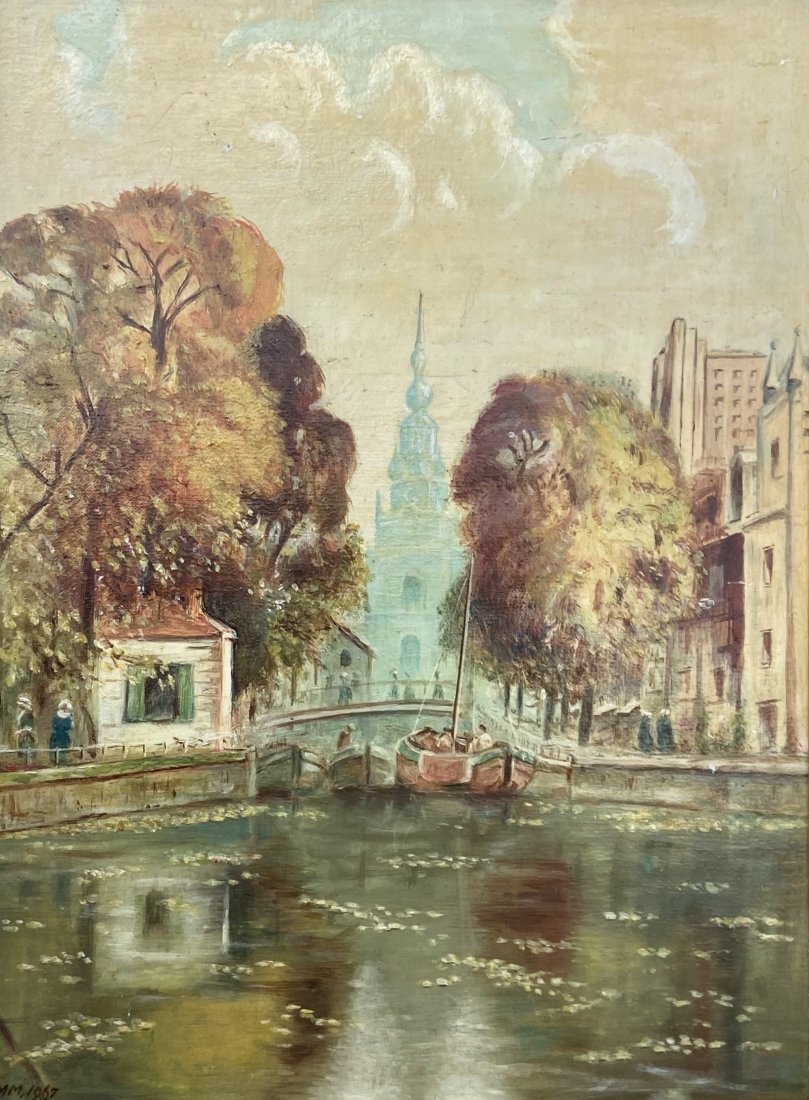 Impressionist European Canal Scene, Signed 1967: Oil on masonite 12 x 16 1/2 in., 14 1/2 x 18 3/4 in. (framed)