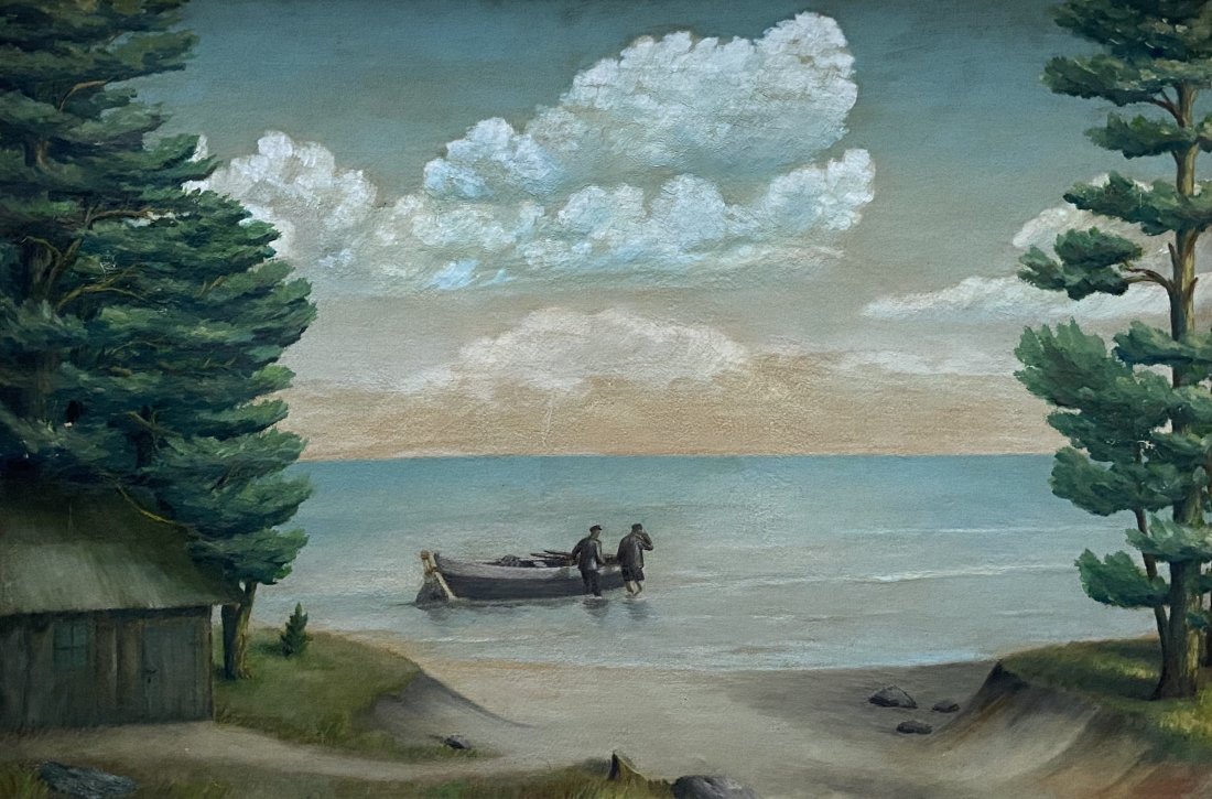 WPA Era American Coastal Scene Of Fishermen, Signed: 1930's American. Oil on canvas 17 x 25 1/2 in., 22 x 30 in. (framed).