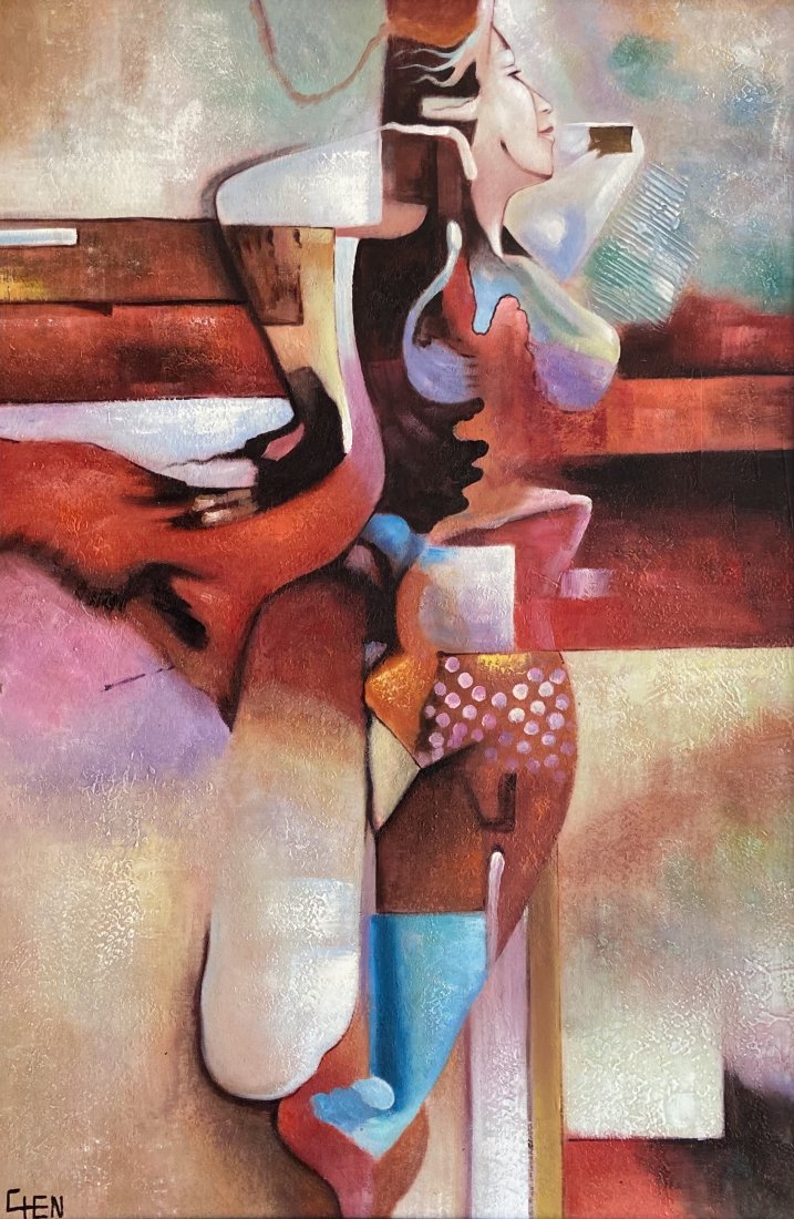 Modern Cubist Abstract, Signed: Oil on canvas board 24 x 36 in., 28 x 40 in. (framed)