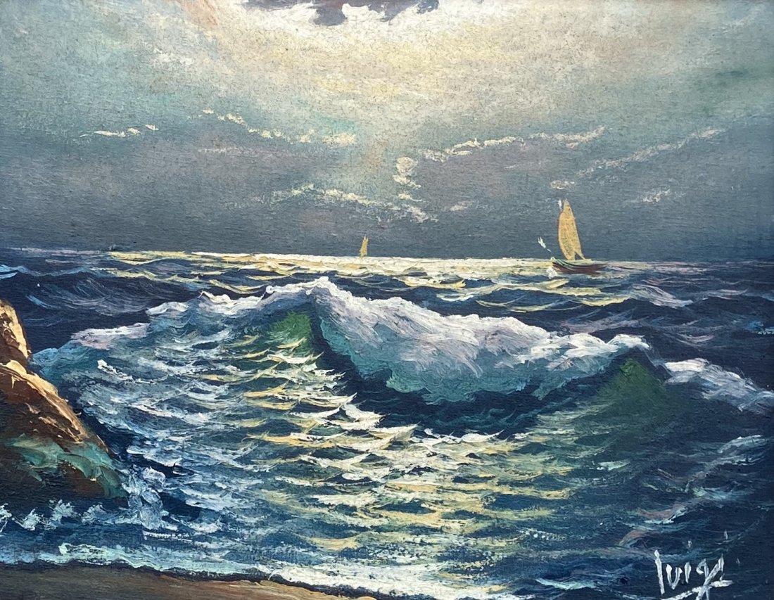Italian Tonalist Seascape, Signed: Oil on canvas 7 1/2 x 9 1/2 in., 11 1/2 x 13 1/2 in. (framed)
