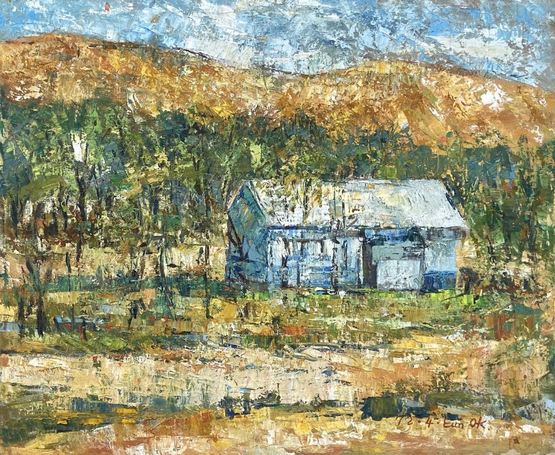 EUNOK KIM (20th c, Korean) Modernist Landscape: Oil on canvas 15 x 18 in.