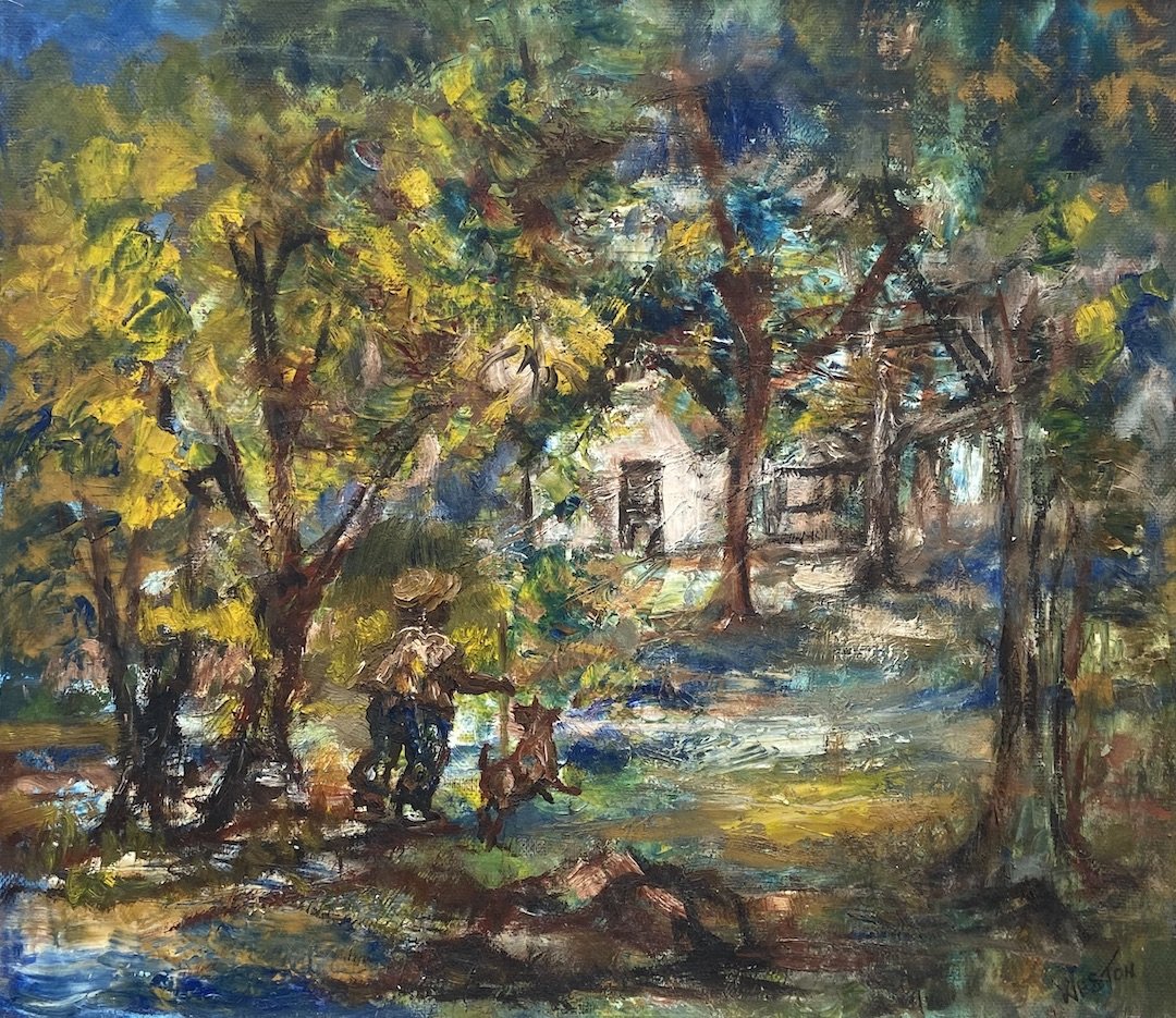 1930's WPA Era Southern Scene Signed Weston: Oil on canvas 14 x 16 in.