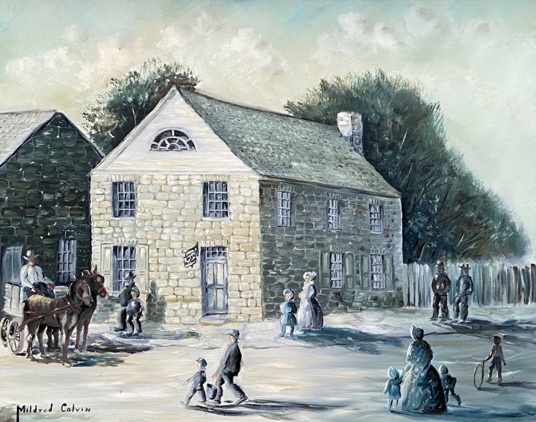 MILDRED COLVIN (1921-2005, Kentucky) Street Scene: Oil on canvas 24 x 30 in., 29 1/2 x 25 1/2 in. (framed).She was born in Adair County, Kentucky February 25, 1921. She displayed an artistic inclination from early childhood and longed to attend art sc