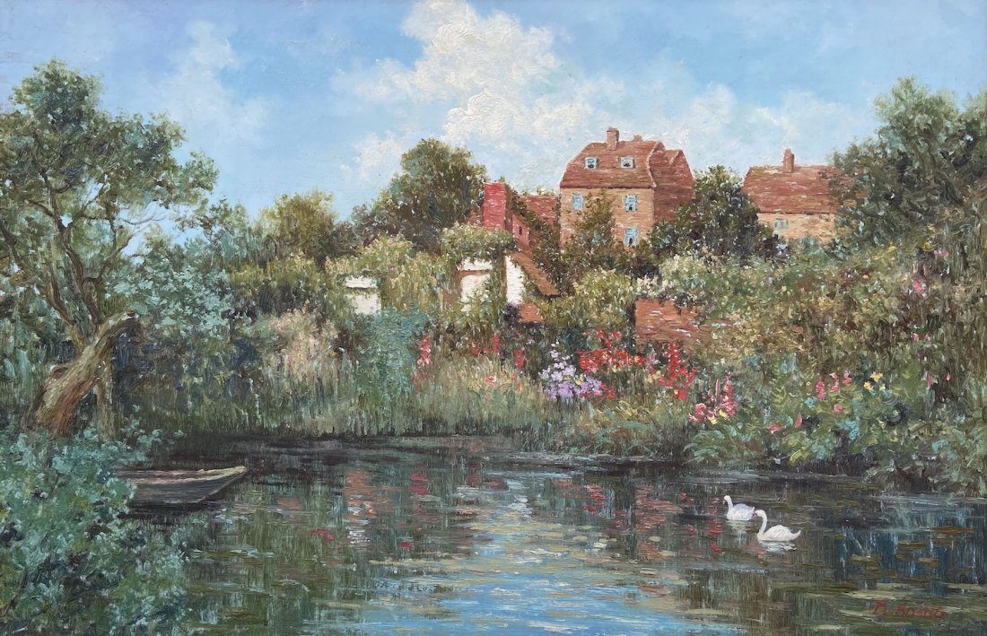 French Impressionist Lake Scene, Signed: Oil on canvas 24 x 36 in., 32 x 44 in. (framed)
