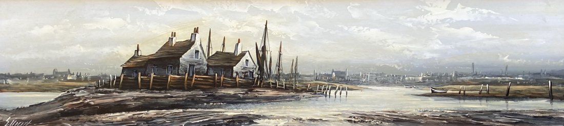 EDWARD M ELLIOT (20th c, UK) Coastal Scene: Oil on board 12 x 48 in.