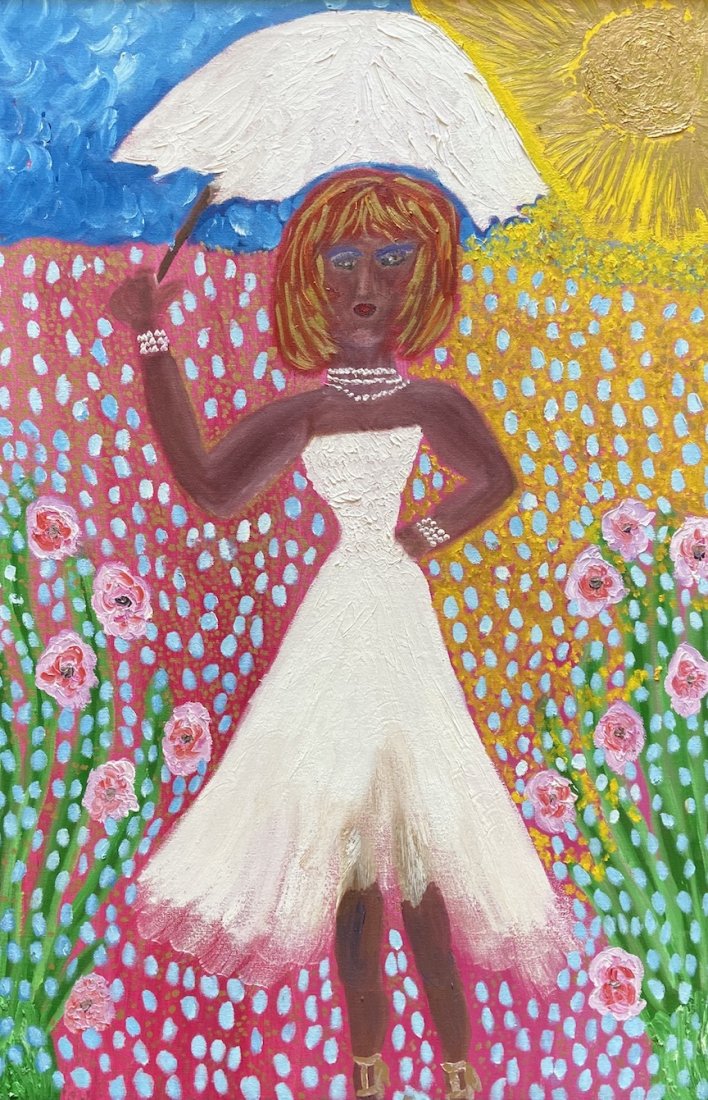 Modernist Naive "Wedding Day" Painting: Oil on canvas 25 x 37 in. (framed)