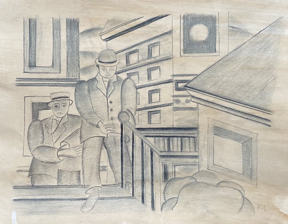 Modernist WPA City Scene, Monogrammed: Graphite on paper 10 x 13 in.