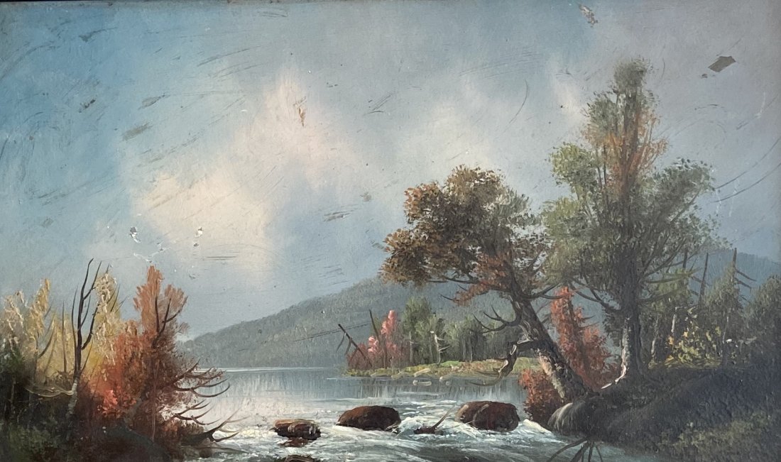 19th Century Hudson River School Landscape: Oil on wood 14 x 18 in.