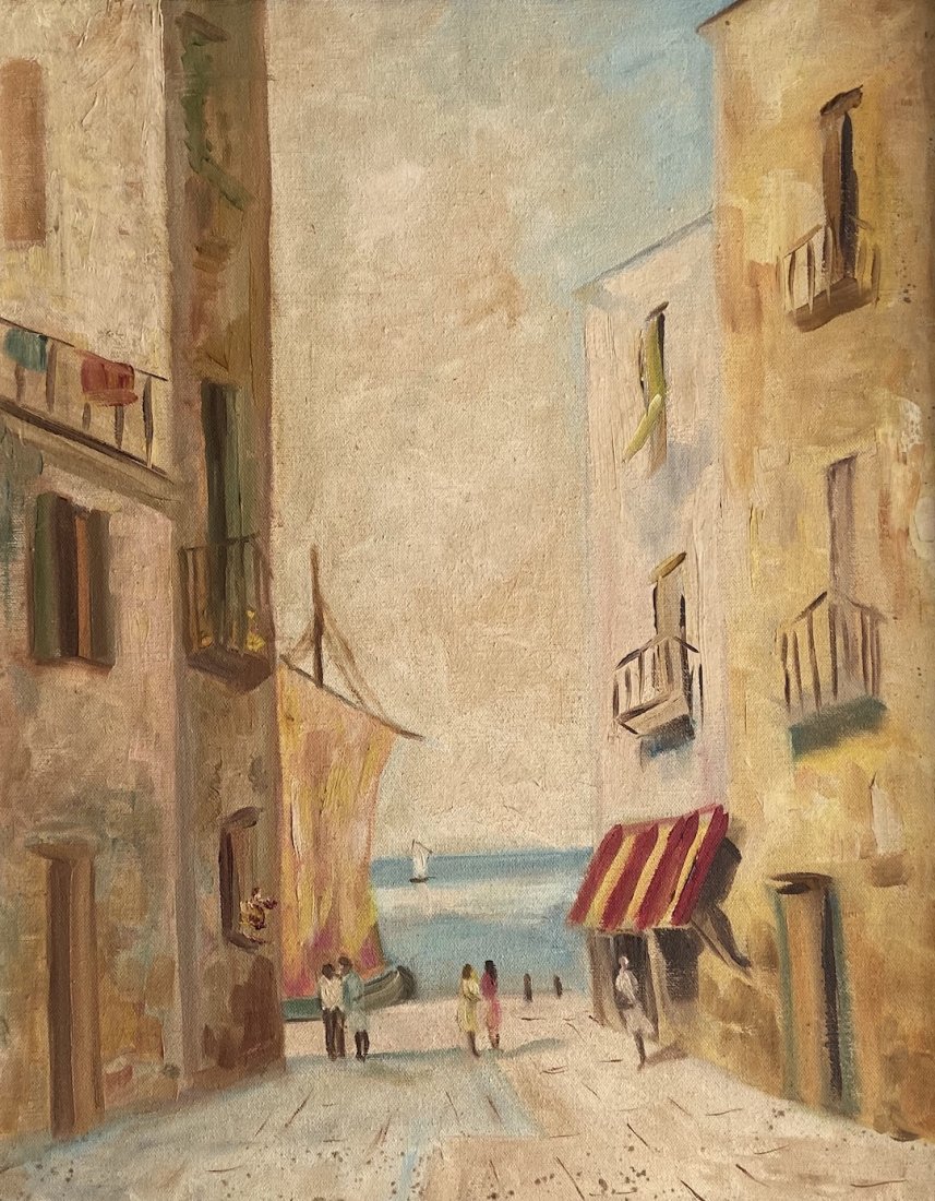 Italian Impressionist Meditteranean Village Scene: Oil on canvas 16 x 20 in