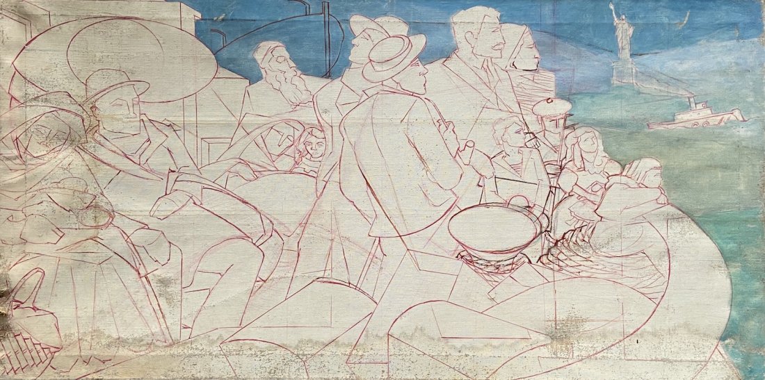 1930's WPA Mural Sketch For New York City: Modernist mural. Oil canvas 22 x 43 in. Ellis island, Staten Island, Statue of liberty, immigrants. Great piece!
