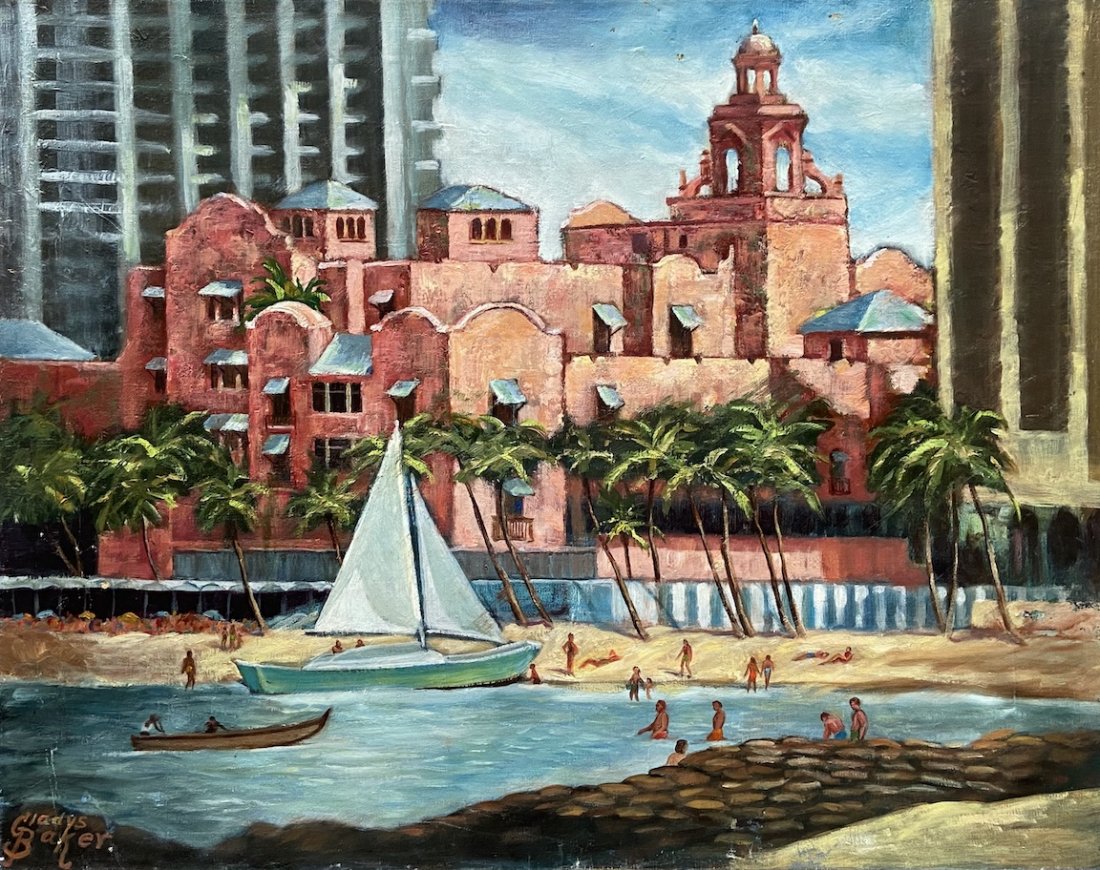 GLADYS BAKER (20th c, American) "Hawaiian Royalty": Oil on canvas 22 x 28 in. Great beach scene of Hawaii. Vintage resort scene. Fairfield, NJ artist. Information on back