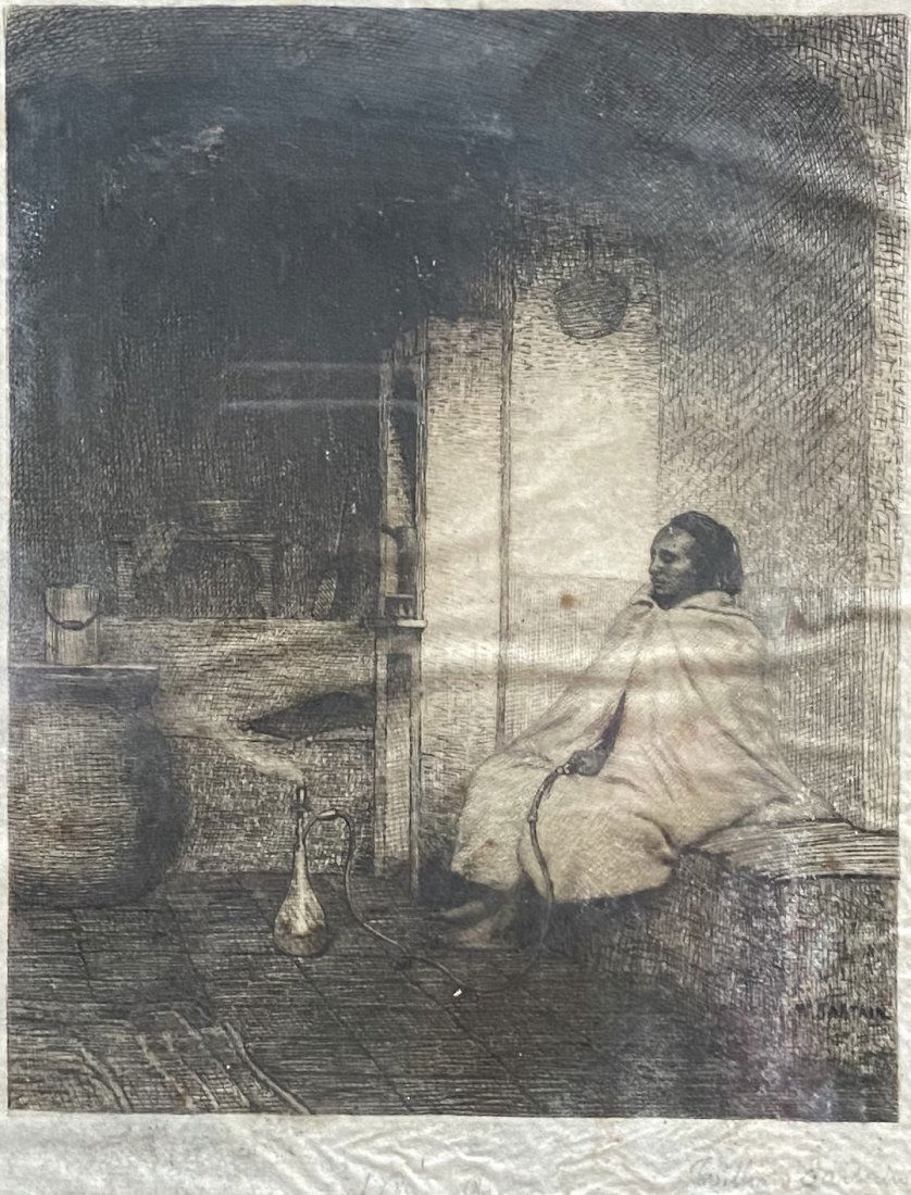 WILLIAM SARTAIN ( 1843-1924, New York) Etching: Native American subject. 5 1/2 x 7 in. (image), 9 1/2 x 11 1/2 in. (framed). Pencil signed. From askart.com: Landscape painter William Sartain, in 1877, was known primarily for his Tonalist paintings,