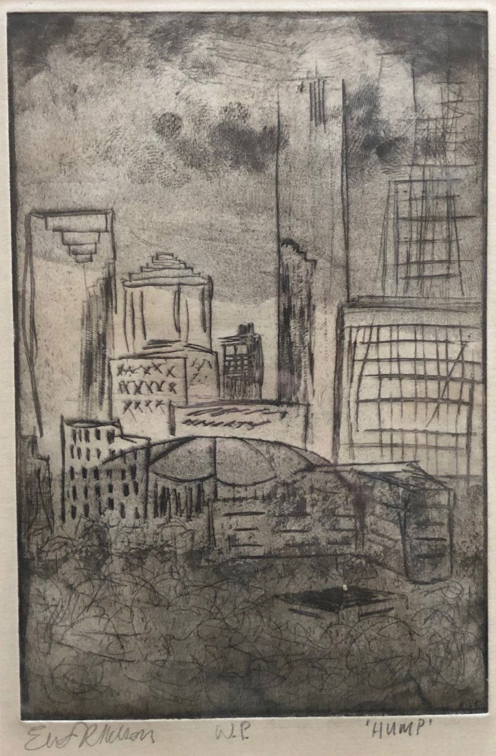 City Secne Etching, Illegible Signature "Hump" (1 of 4)