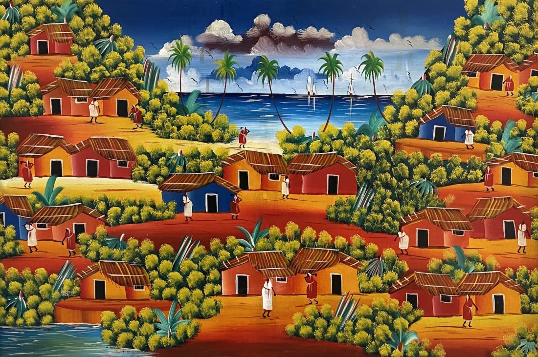 Large Haitian Naive Village Painting: Oil on canvas 40 1/2 x 59 1/2 in., 46 x 65 in. *VERY LARGE*. From a Miami estate,