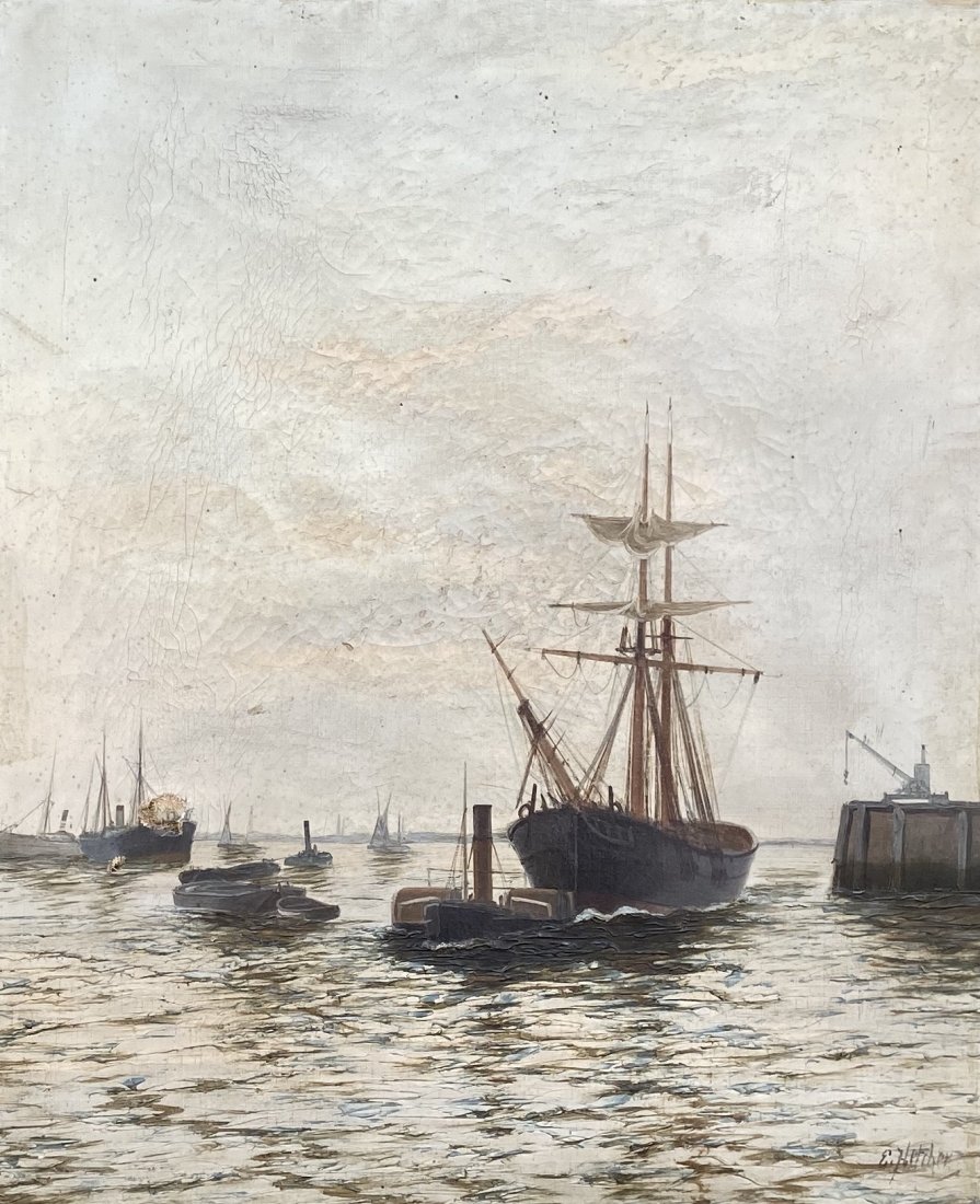EDWARD HENRY EUGENE FLETCHER (1851-1945, UK): Marine scene. Seascape. Oil on canvas 20 x 24 in., 32 x 36 in. (framed). Great period frame.